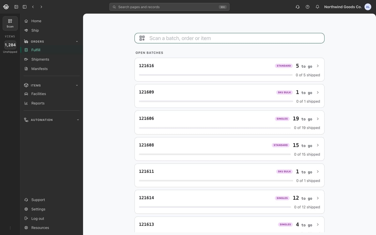 The fulfill home: a scan field above the open batches and their progress