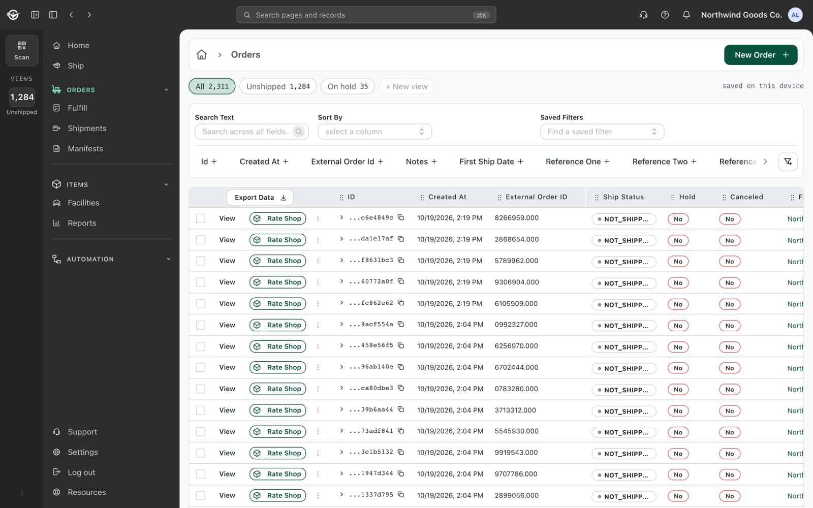 The orders table with saved views, filters and a Rate Shop button on each row