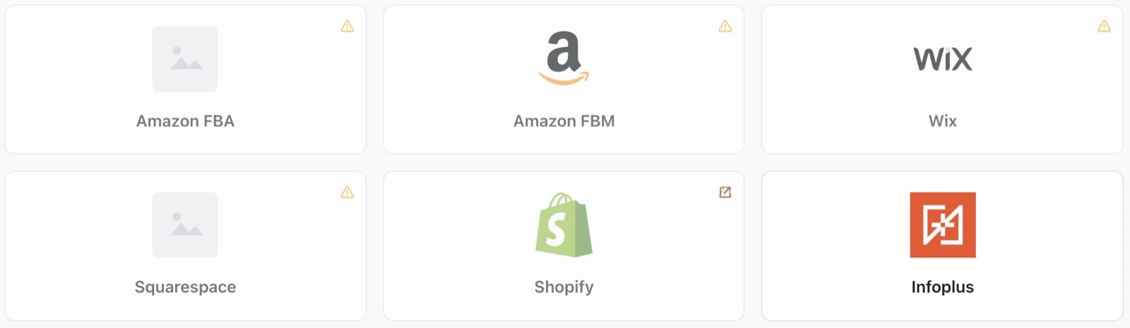 Platform cards: Amazon FBA, Amazon FBM, Wix, Squarespace, Shopify and Infoplus